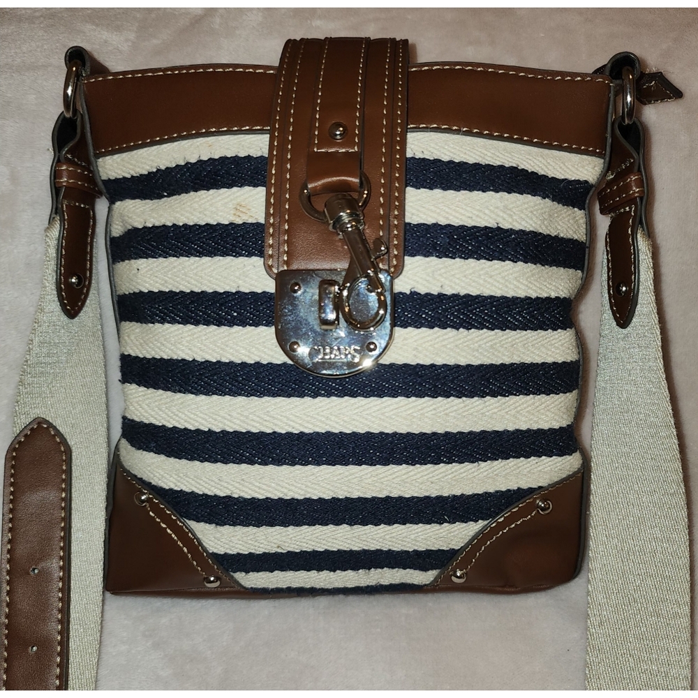 Chaps Crossbody Bag Navy & Cream Stripes W/ Brown Vegan Leather Trim - Picture 3 of 15